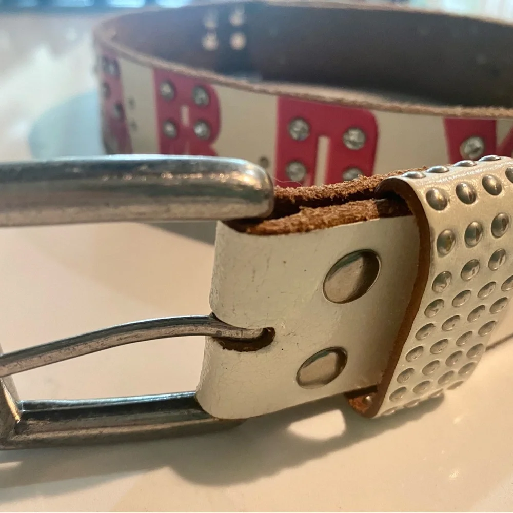 VTG White and Multi Color Ed Hardy Logo Leather Belt with rhinestones & studs 🔩 - Picture 9 of 16